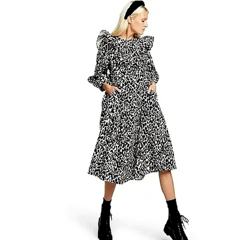 🌼 3/$20 Sandy Liang × Target Spotted Leopard Oversized Ruffle Neck Midi Dress S